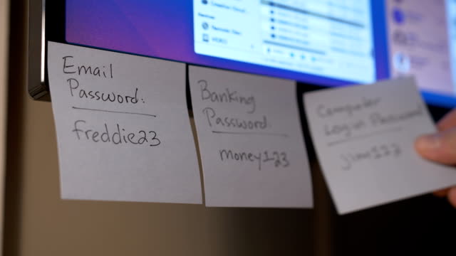 A Person Removes Post It Password Reminders From A Computer Monitor.
